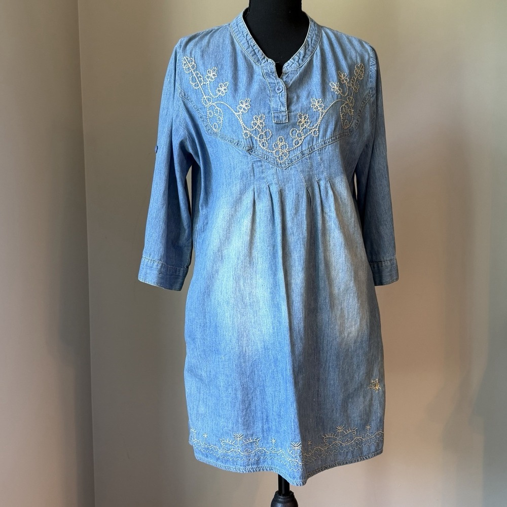 South Shores Chambray Embroidered Tunic Dress Sz S Boho Cottagecore Cotton Denim